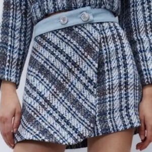 NWT Zara Blue Plaid Tweed Mini Belted Skirt